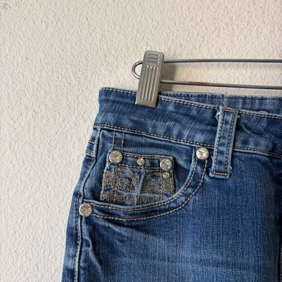 Ultra Low Rise Denim Cut Off Jean Shorts Rhinestone Crosses Women's Small - Picture 3 of 5